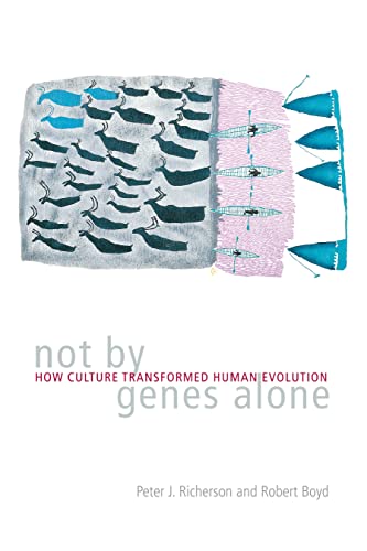 Book cover: abstract art of whales and kayaks, title "Not by Genes Alone.