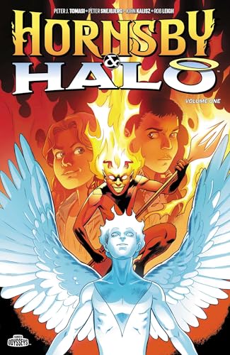 Comic book cover featuring angelic and demonic figures with fiery background.