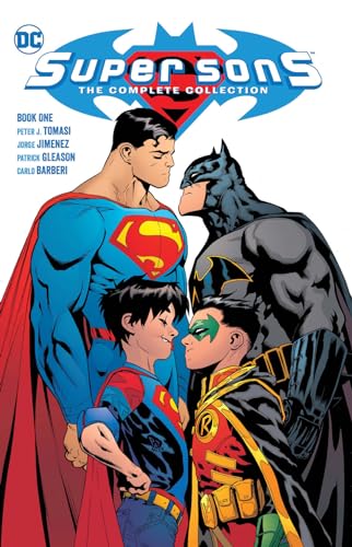 Cover of “Super Sons” graphic novel featuring Superman, Batman, and their sons.