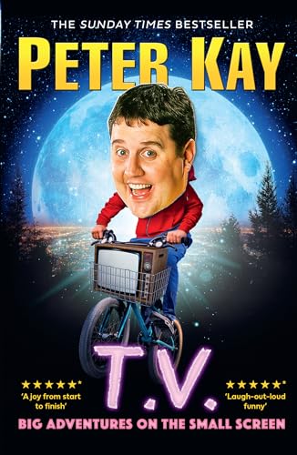 Book cover featuring Peter Kay with a large head riding a bicycle with a TV.