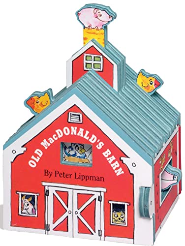 Red and blue barn-shaped book with animal peek-a-boo holes.