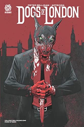 Comic book cover: anthropomorphic dog-like figure with a bloody knife.