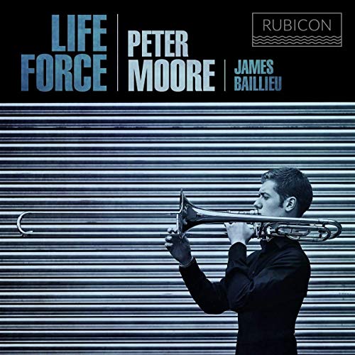 CD cover: Trombonist playing, blue and white striped background, text “Life Force”.