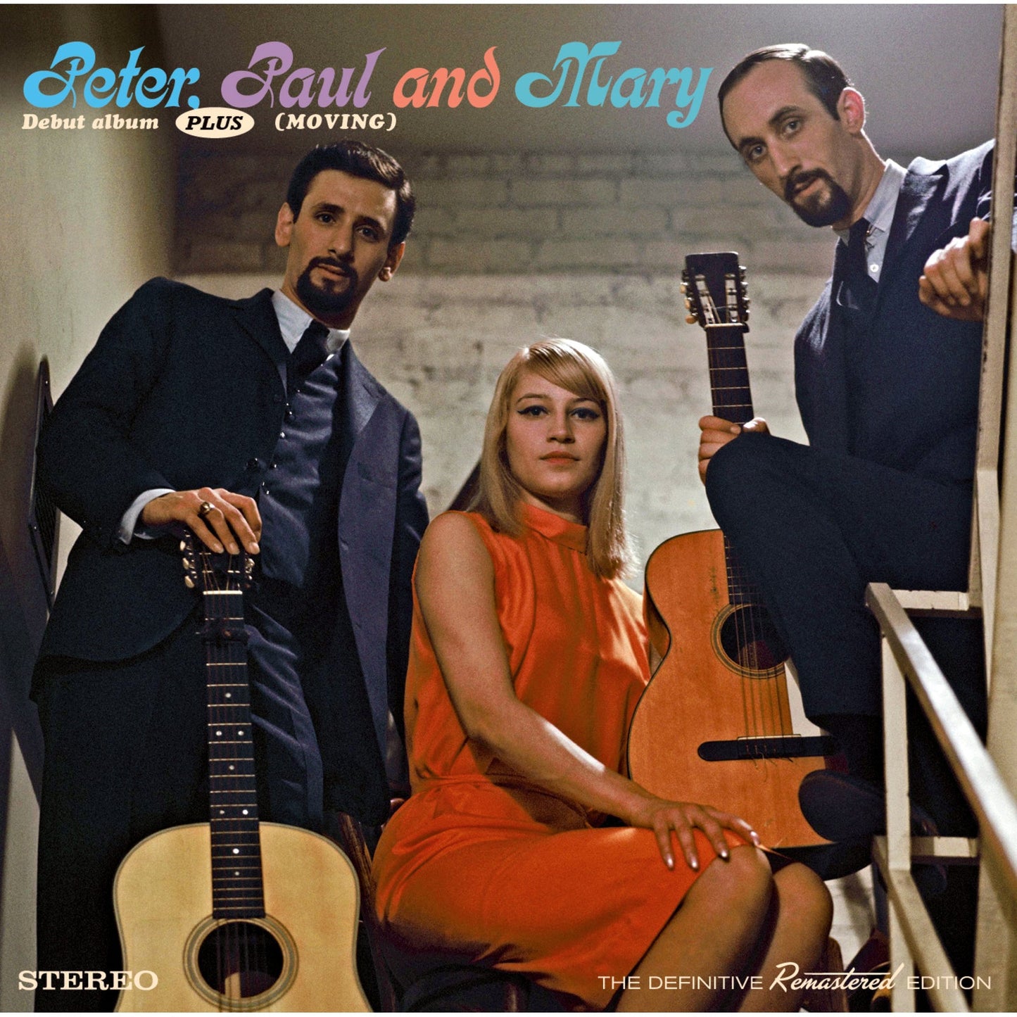 Album cover for Peter, Paul and Mary’s “Debut Album + Moving” featuring the trio.