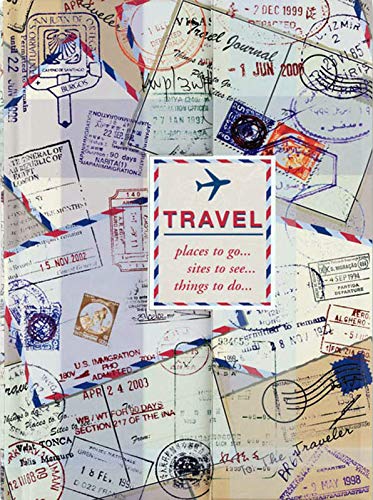 Travel journal cover with vintage postage stamps and travel imagery.