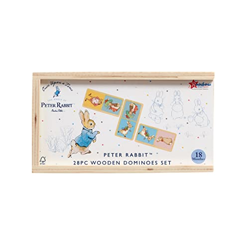 Wooden dominoes set in a box featuring illustrations of Peter Rabbit.