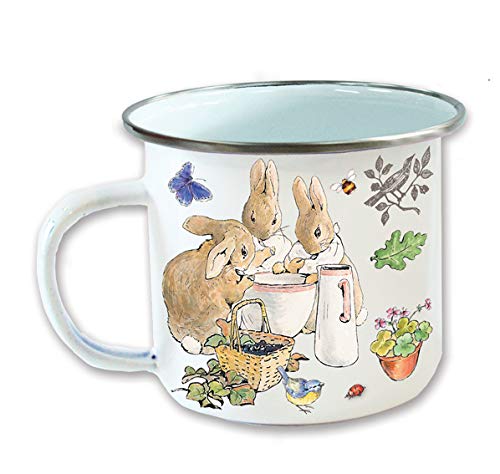 White enamel mug with illustration of Peter Rabbit and friends.
