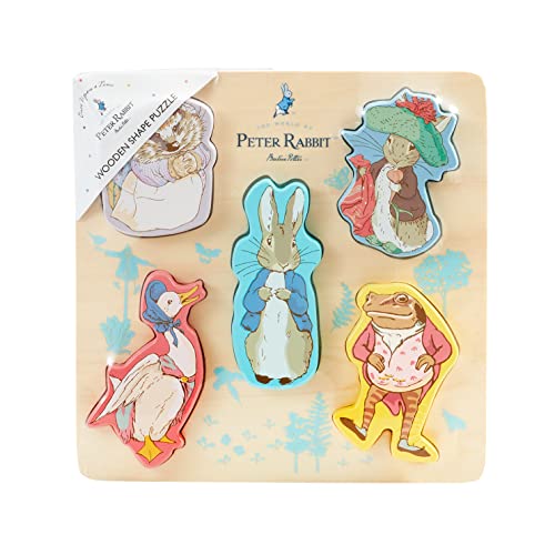 Wooden Peter Rabbit shape puzzle with characters from Beatrix Potter’s stories.