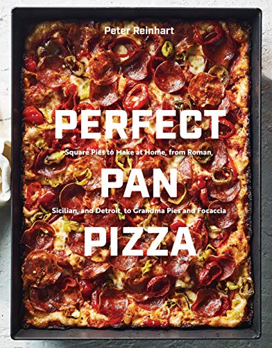 Cookbook cover featuring a rectangular pepperoni pizza in a dark pan.