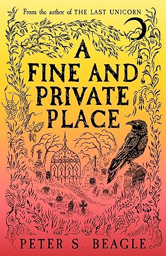 Book cover with a black raven, cemetery gate, and trees on a yellow-red background.