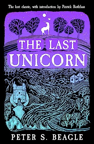 Book cover for "The Last Unicorn" with a unicorn in a purple landscape.
