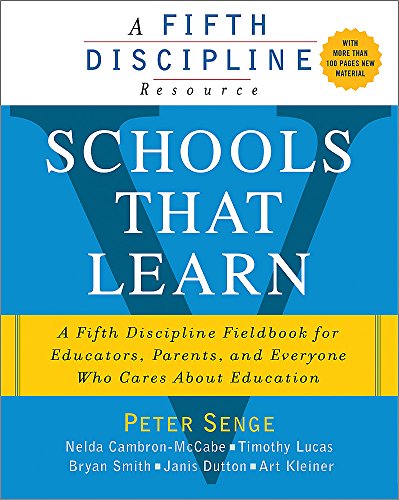 Book cover for Schools That Learn by Peter Senge with blue and yellow design.