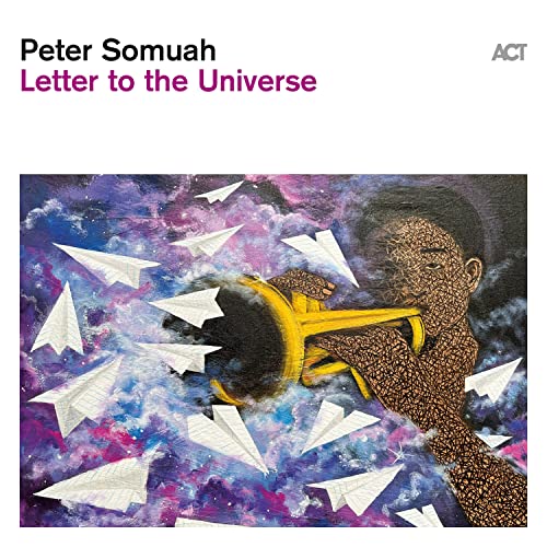 Album cover: Peter Somuah playing trumpet amidst paper airplanes and stars.