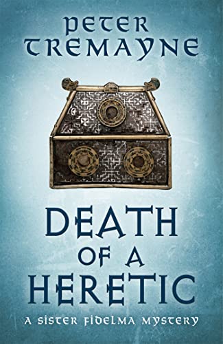 Book cover: ornate chest on blue, with title "Death of a Heretic".