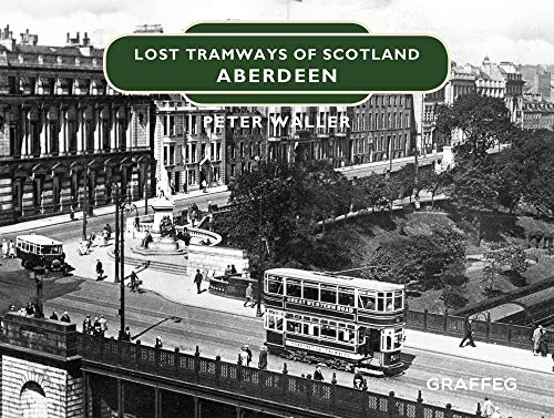 Black and white photo of Aberdeen trams and city buildings.