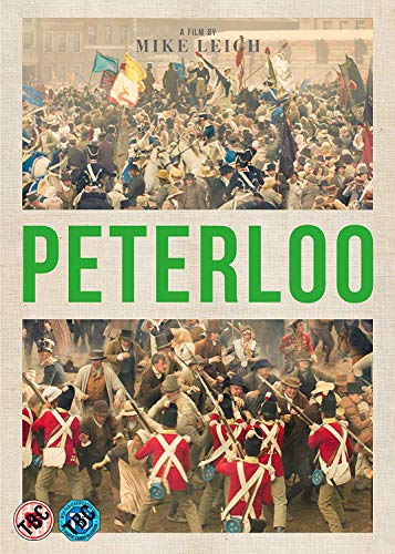 DVD cover showing a large crowd and soldiers in red coats, titled Peterloo.
