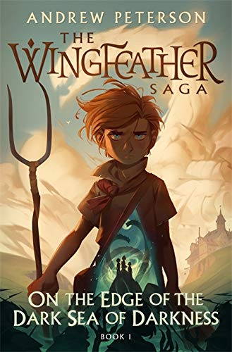 Book cover: boy with trident, stormy sea, and distant castle.