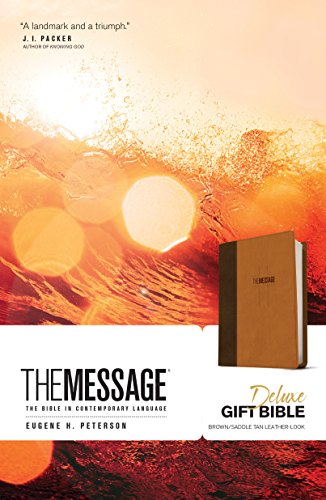 Brown leather-look Bible with abstract orange and white cover art.