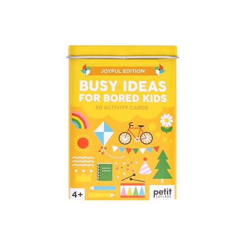 Yellow tin of activity cards with colorful illustrations for children.