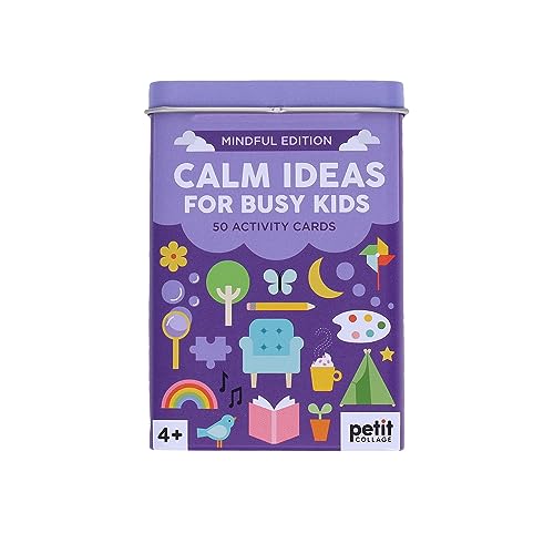 Purple tin box titled Calm Ideas for Busy Kids with colorful activity card icons.