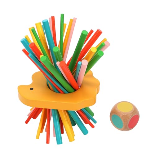 Yellow hedgehog-shaped game with colorful sticks and a red dice.