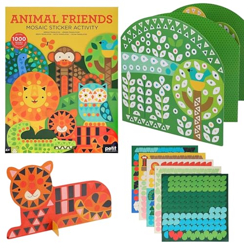 Mosaic sticker activity book with animal shapes and colorful patterned stickers.