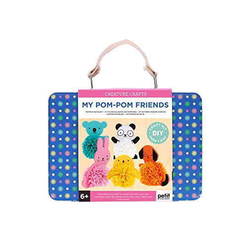 Blue tin carrying a pom-pom animal craft kit with six creatures.