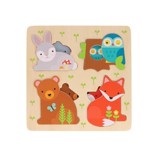 Wooden puzzle with animal shapes: rabbit, bear, owl, and fox.