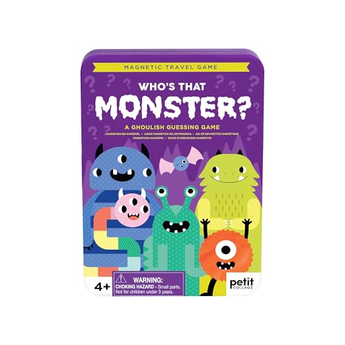 Purple tin travel game featuring colorful cartoon monsters and question marks.