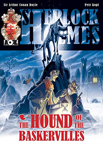 Sherlock Holmes graphic novel cover featuring a hound and detectives in a moor.