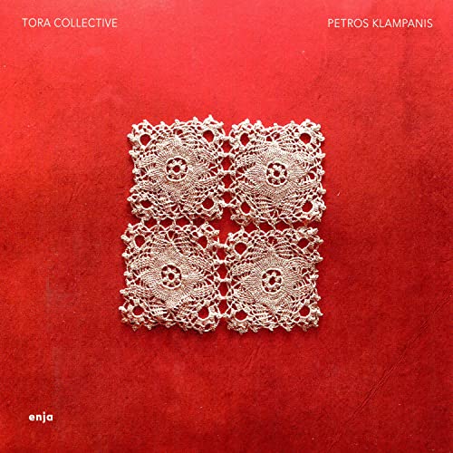 Red album cover with a white, ornate, crocheted square design.