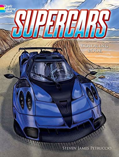 Cover of "Supercars Coloring Book" featuring a blue sports car illustration.