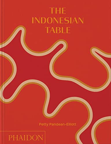 Red cookbook cover with abstract golden design and title "The Indonesian Table".