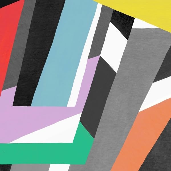 Abstract geometric album cover with bold stripes of red, blue, and green.