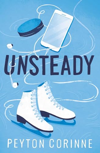 Book cover featuring white ice skates, a smartphone, and earbuds on a blue background.
