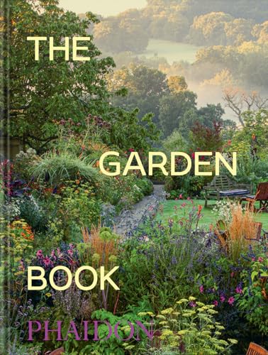 Book cover for The Garden Book featuring a lush garden with flowers and trees.