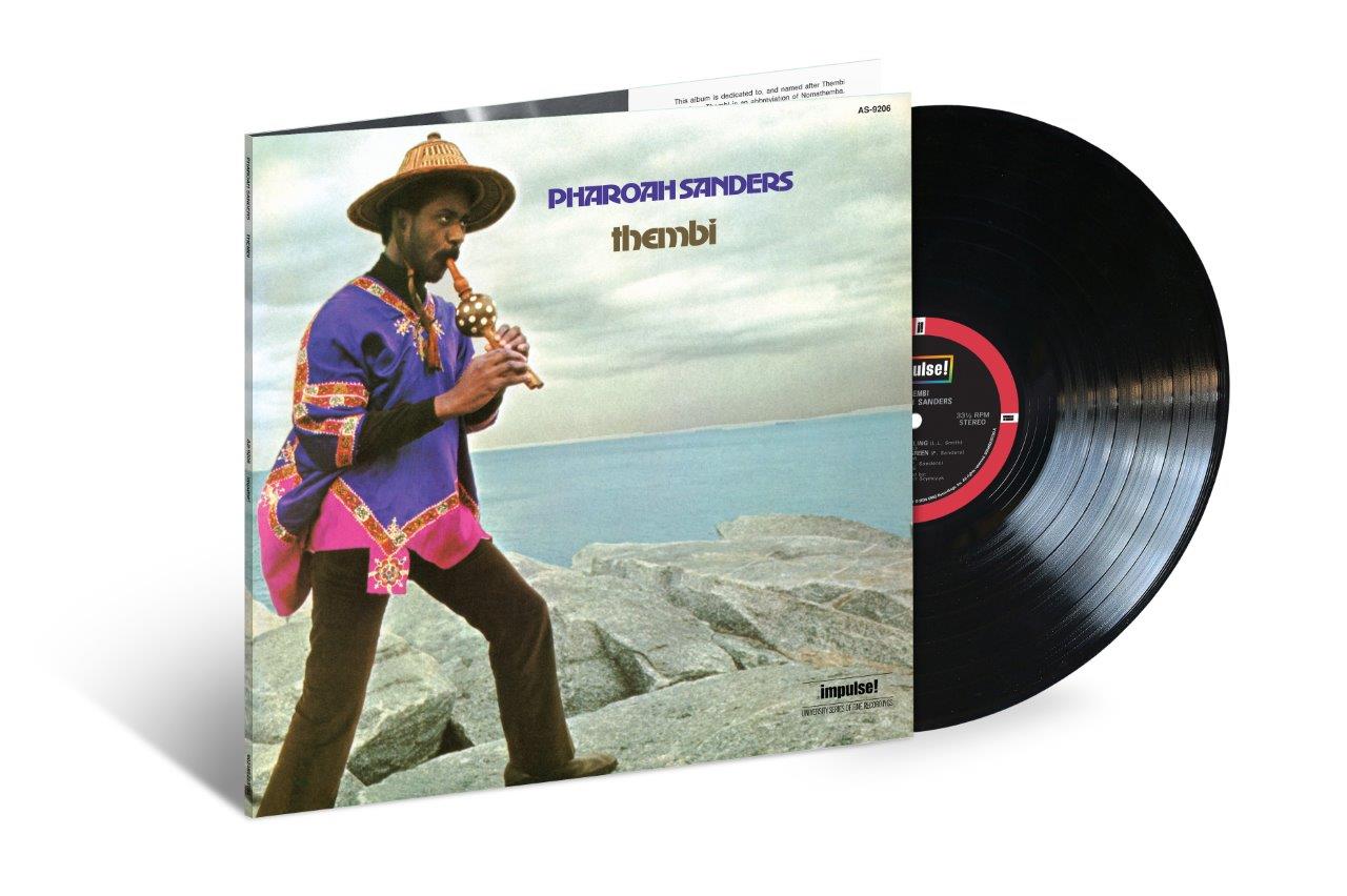 Pharoah Sanders’ “Thembi” vinyl record cover with artist portrait.