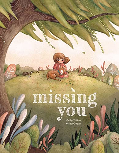 Girl with dog under tree on a hill, book cover illustration.