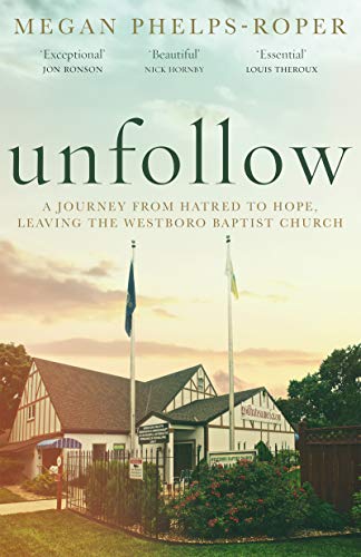Book cover for “Unfollow” depicting a building and flags at sunset.