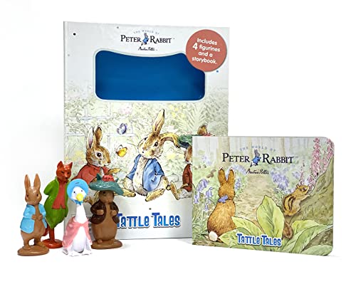 Peter Rabbit book and figurine set with characters from Beatrix Potter.