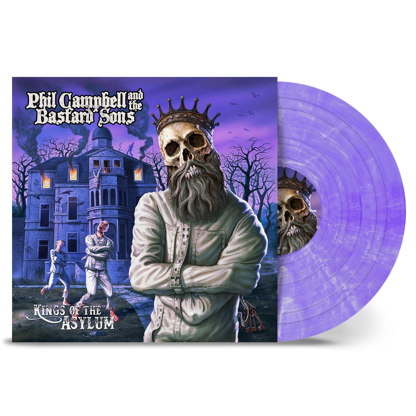 "Purple vinyl record with album cover featuring a skeleton king and asylum scene."