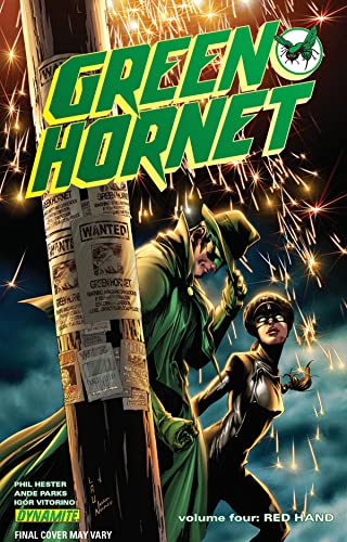 Green Hornet and Kato stand dramatically before a pole with "WANTED" posters.