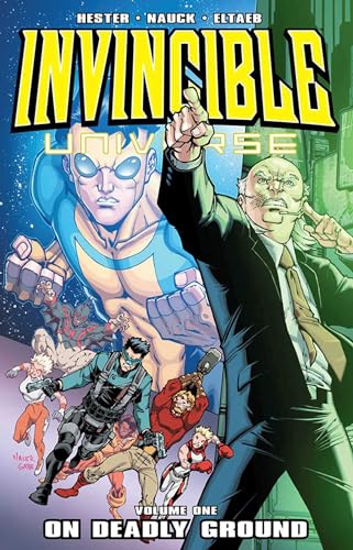 Comic book cover featuring superheroes and villains, "Invincible Universe, Vol. 1".