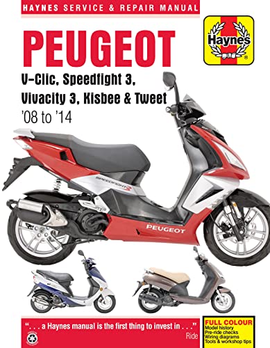 Haynes repair manual cover featuring a red Peugeot V-Clic scooter.