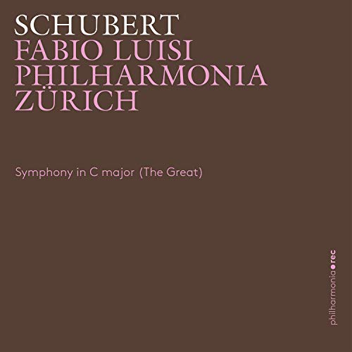 CD cover for Schubert’s “The Great” symphony, featuring text in pink.