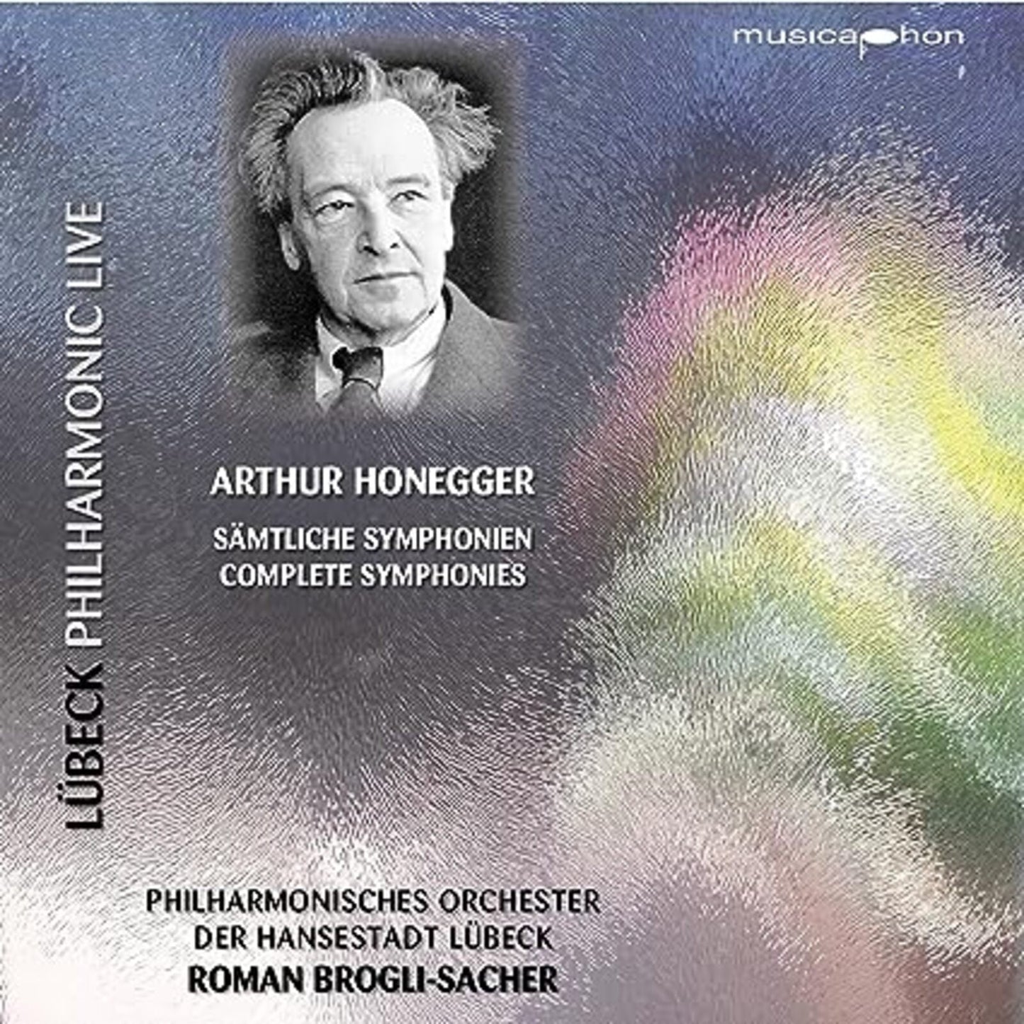 CD cover featuring portrait of composer Arthur Honegger and abstract art.