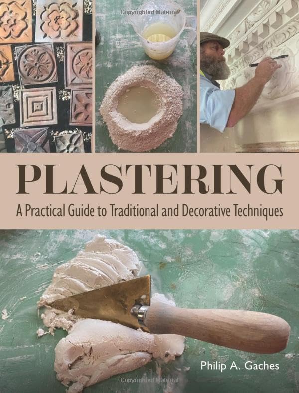 Book cover showing plastering techniques, tools, decorative tiles, and a craftsman working on molding.