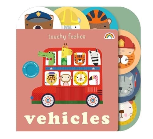 Board book cover with colorful vehicles and animal faces, tactile elements.