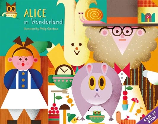Alice in Wonderland" book cover with illustrated characters and pop-up design.
