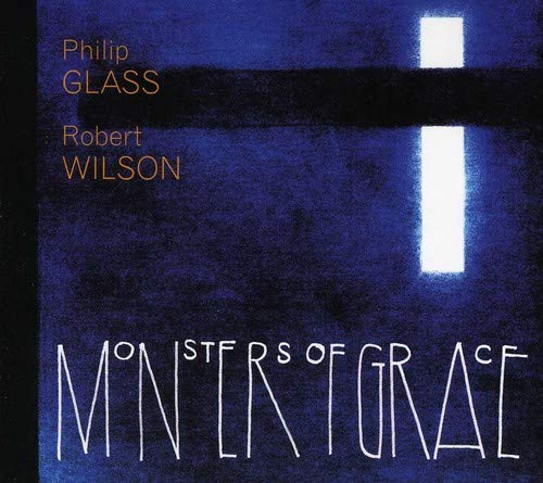 CD cover for Philip Glass Ensemble’s “Monsters of Grace,” dark blue and white.